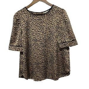 LOFT Blouse Women L Brown Black Animal Print Short Sleeve Satin Silky Career Top